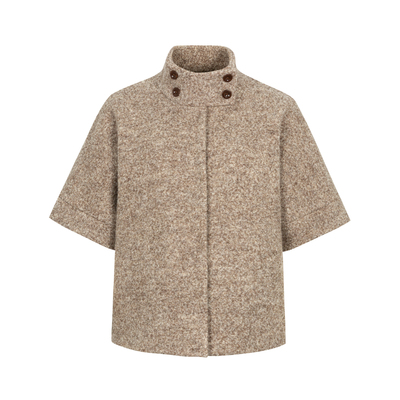 dorydory2025秋冬款五分袖宽松燕麦色高领中袖羊毛呢斗篷短外套女