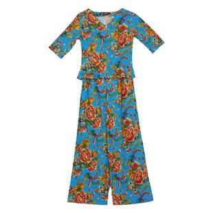 原创民族风阔腿裤棉麻套装东北大花布亚麻V领上衣女裙裤直筒裤