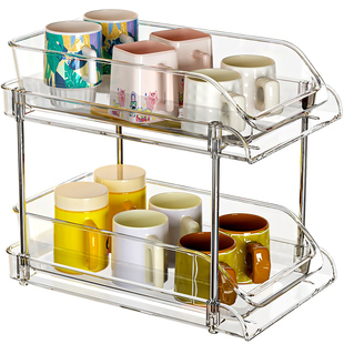 杯子收纳置物架抽拉式桌面放置玻璃杯子咖啡茶杯家用双层水杯架