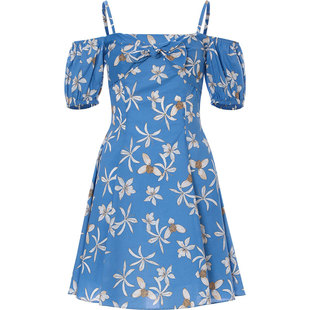 sincethen 法式碎花裙海边度假裙子仙女短裙蓝色短款连衣裙女夏季