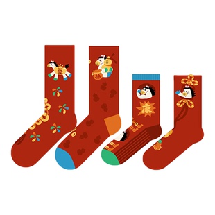一家三口袜子马年过年红色家庭装全家福四口红亲子袜新年纯棉五口