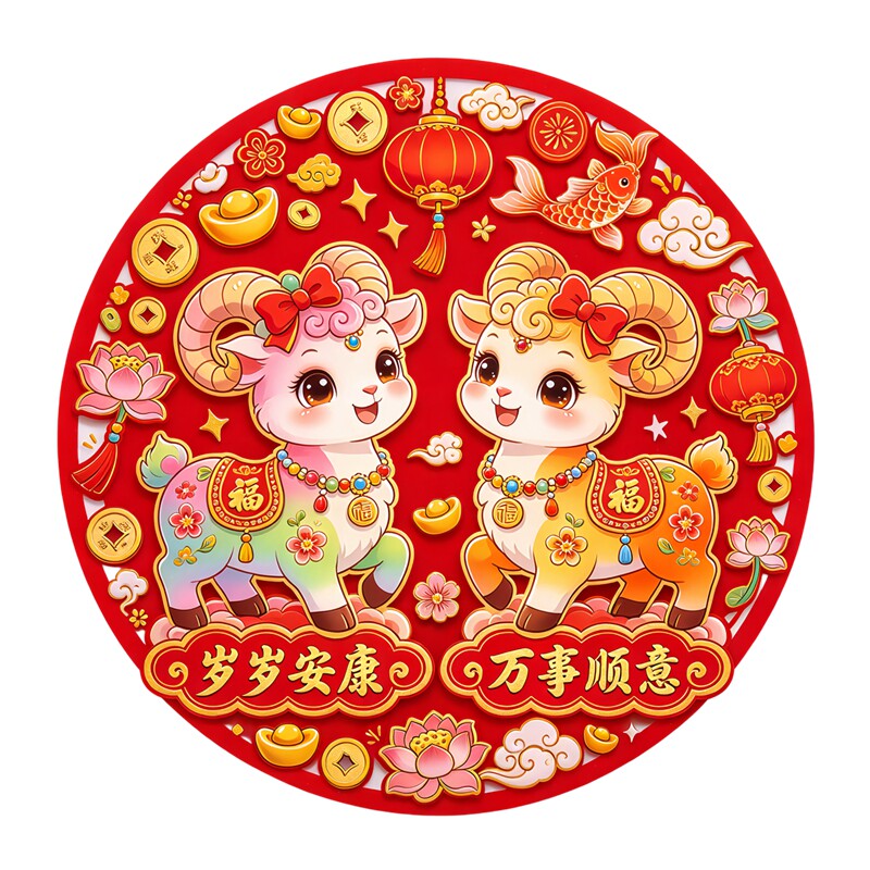 圆形三阳开泰墙贴小羊荷花金鱼灯笼元宝春节福字防水自粘装饰贴纸
