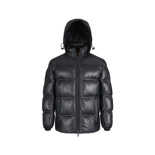 HUGO BOSS SS24 纯色衍缝连帽拉链填充皮衣 男款 黑色