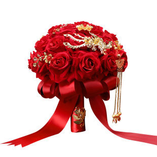 手捧花结婚新娘中国风婚礼手捧花球仿真玫瑰花束影楼摄影拍摄道具