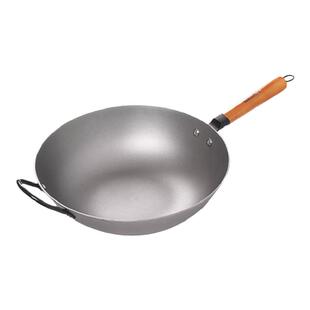 雅多福 铸铁炒锅32cm单柄加厚生铁平底锅原生态木柄不粘锅无涂层