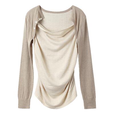 果核宇宙拼色假两件荡领长袖上衣