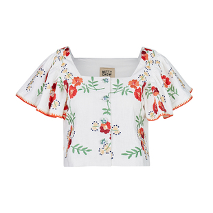 Bettychow 中古刺绣小花朵棉质上衣夏季法式时髦花边小飞袖衬衫