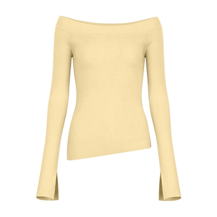 VIVICATHY2025秋软糯多巴胺斜肩针织上衣女设计感斜肩修身打底衫