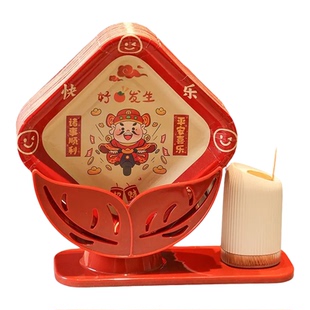 新年一次性吐骨碟好事发生新年餐具环保纸碟吐骨头盘子收纳吐骨碟