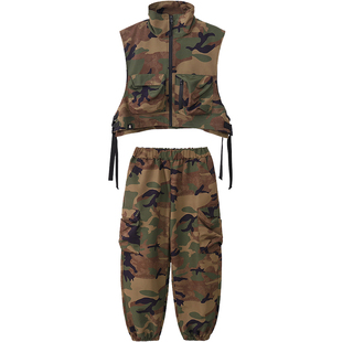 少儿街舞套装女孩爵士舞演出服男孩酷帅嘻哈hiphop迷彩马甲工装新