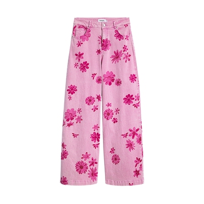 Desigual26春夏新品直筒粉色花卉印花女式牛仔裤
