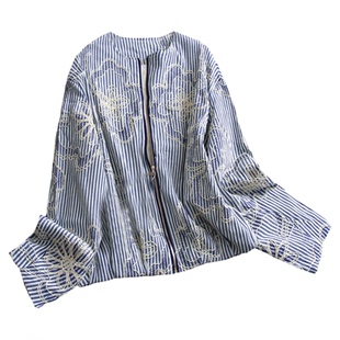 蓝色条纹花朵刺绣宽松显瘦圆领薄款飞行员夹克廓形女短款外套C842