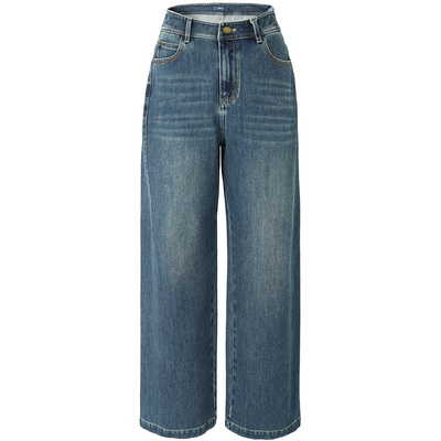 娅丽达加绒直筒阔腿牛仔裤女高弹