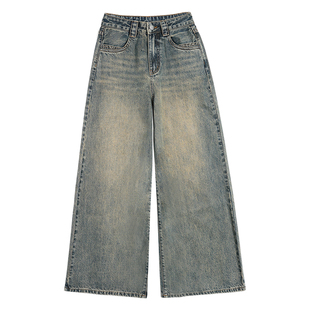 pusumede 复古怀旧牛仔裤女大阔腿设计感高腰休闲裤宽松直筒长裤
