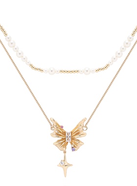 金枫蝴蝶秋冬氛围感双层珍珠项链女小众气质颈链穿搭节日礼物高级