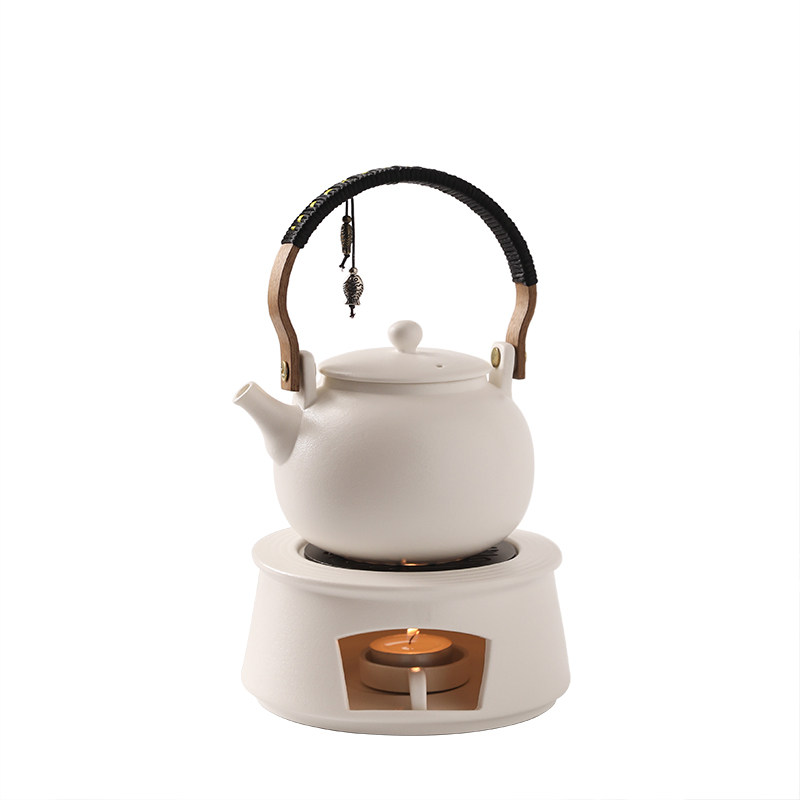 达令 白色陶瓷提梁茶壶竹编手柄 蜡烛保温泡茶壶家用温茶壶温茶炉