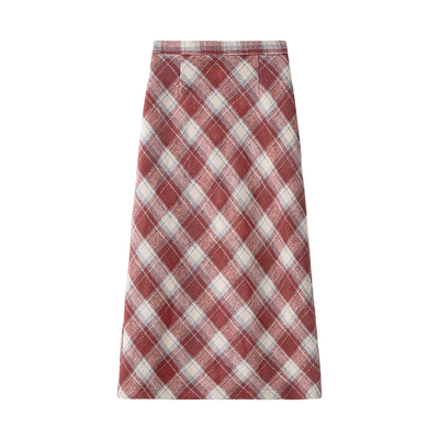 圣诞红色格子毛呢半身裙女秋冬加厚中长款大码高腰开叉包臀一步裙