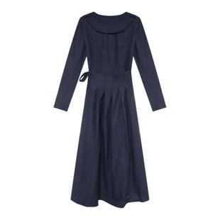 贰羊设计【瑾瑜】复古文艺感系带圆领百褶连衣裙女1oo棉高腰a字裙