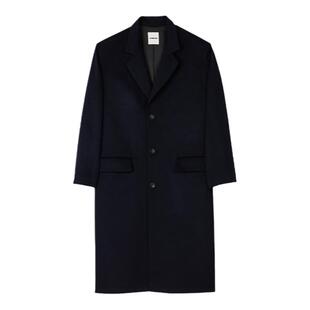 SANDRO Outlets秋冬男装时尚宽松羊毛深蓝色单排扣戗驳领大衣外套