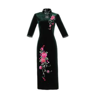 金丝绒旗袍妈妈装秋冬长款大码优雅连衣裙高端中国风礼服气质复古