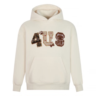 FORUYES官方店 美式复古可爱动物狗狗绒毛宽松情侣加绒上衣连帽衫