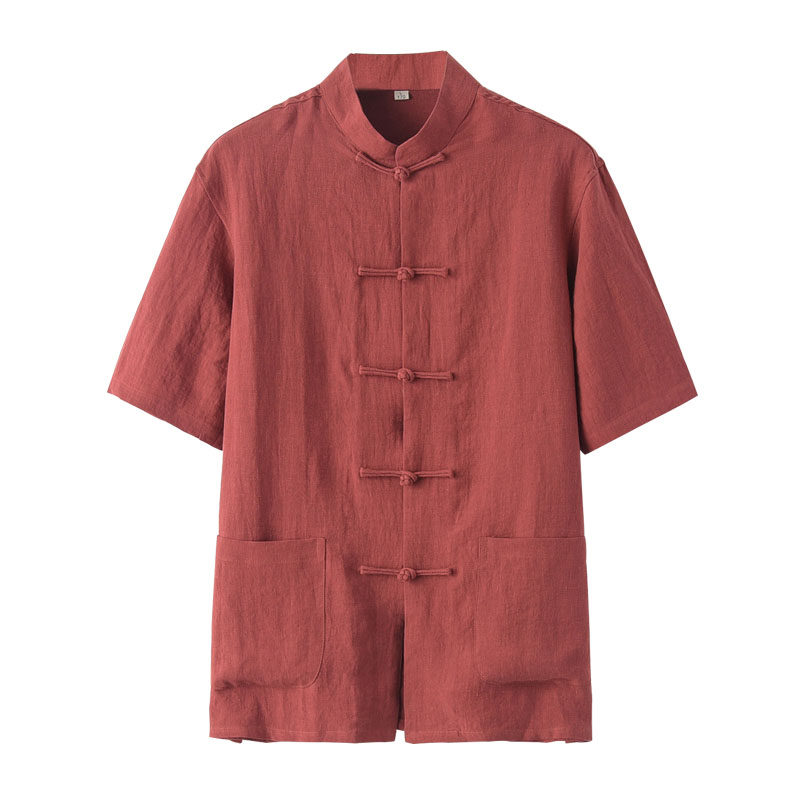 纯亚麻复古半袖立领汉服薄款唐装
