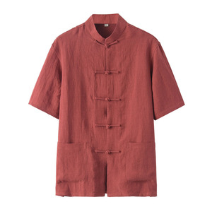 纯亚麻复古半袖立领汉服薄款唐装