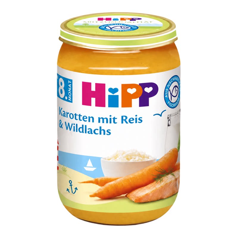 喜宝HiPP 欧盟BIO有机胡萝卜野生鲑鱼白米泥220g鱼肉辅食易吞咽版
