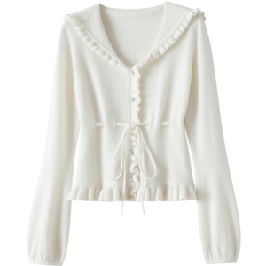 气质甜妹~后系带木耳边100%纯山羊绒开衫女纯羊绒毛衣针织衫秋冬