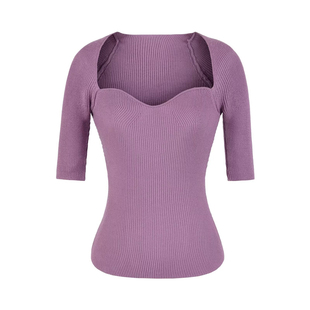法式方领中袖修身上衣春夏新款弹力收腰性感低领口抹胸针织T恤衫