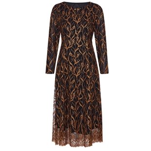 马天奴2025秋冬新款橘色刺绣网纱连衣裙子圆领收腰长袖气质时尚女