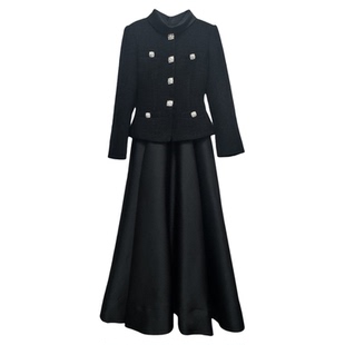 秋冬高级感法式小香风毛呢拼接黑色长袖修身连衣裙巨好看大摆长裙