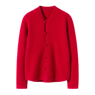 新中式盘扣中国红立领山羊绒开衫女宽松纯色百搭减龄针织外套上衣