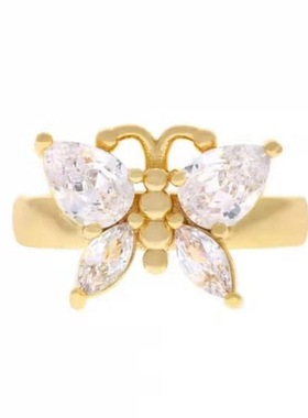 欧美风辣妹蝴蝶锆石钛钢镀金戒指