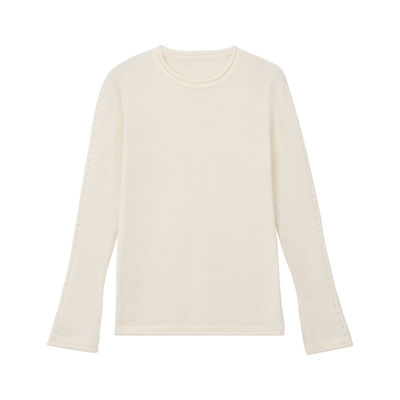 PRE PREWORKS温柔圆领卷边喇叭袖镂空设计针织颗粒感羊毛打底衫