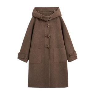 紫涵100%绵羊毛长款双面呢大衣女2025年冬季新款复古咖格连帽外套