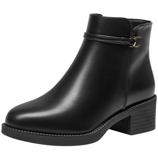 大东女鞋时装靴2025年冬季新款舒适粗跟中跟侧拉链圆头纯色短靴子