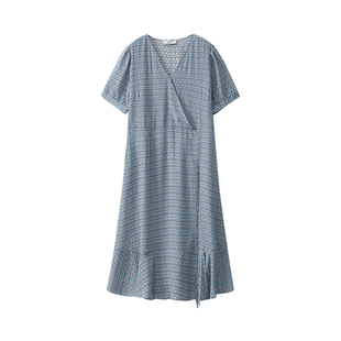 现货 素雅兰色印花真丝连衣裙女100%桑蚕丝交叉V领短袖a字裙夏