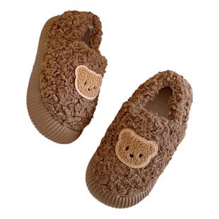 细细条懒人休闲防滑保暖可爱小熊羊羔毛棉鞋女冬百搭外穿面包鞋