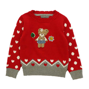 红色新年女童毛衣春秋小熊公主全棉套头针织衫宝宝儿童装毛衣