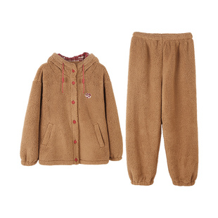 安之伴【巨保暖】北羔绒情侣睡衣冬季女款男士连帽加厚家居服套装