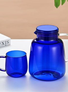 蓝色玻璃大容量凉水壶家用硼水杯套装硅家庭杯套水壶喝水高玻璃冷