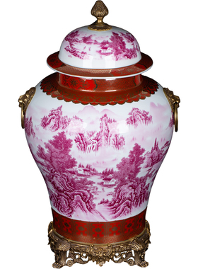 贵夫人铜镶瓷胭脂红江山万里描金纹配铜狮环将军罐景德镇瓷器摆件