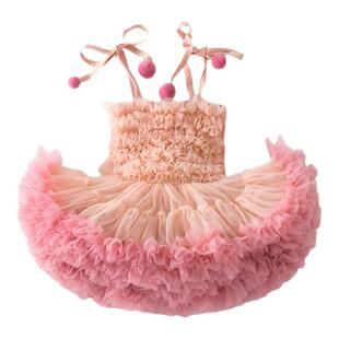 女童夏季软萌加蓬凸凸裙女宝宝网纱吊带毛球吊带裙甜美可爱蛋糕裙