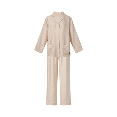 万事利新款桑蚕丝真丝睡衣简约纯色刺绣家居上下套休闲男女款嘉运