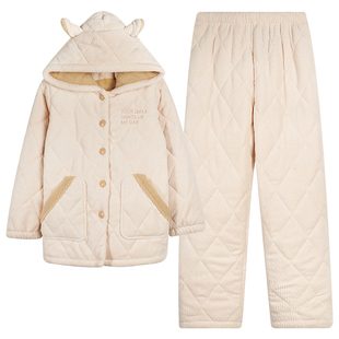 好波寒冬情侣睡衣法兰绒连帽三层加厚夹棉绒绒家居服套装HJ2575