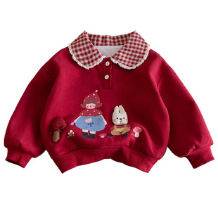 女童格子POLO领卫衣春秋款洋气宝宝红色卡通套头衫儿童打底衫上衣
