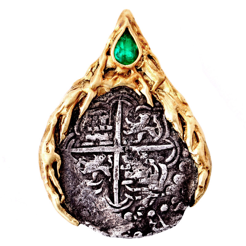 SOLD【收藏级PHILIP III】阿托查4Reale沉船古董银币绿宝石金吊坠