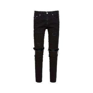 #HS高品质Destroyed Pants百搭纯黑色破洞修身弹力小脚牛仔裤男潮