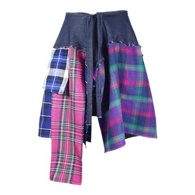 经典撞色格纹牛仔拼接不规则屁帘裙瑜伽运动健身格子遮肉下摆外穿